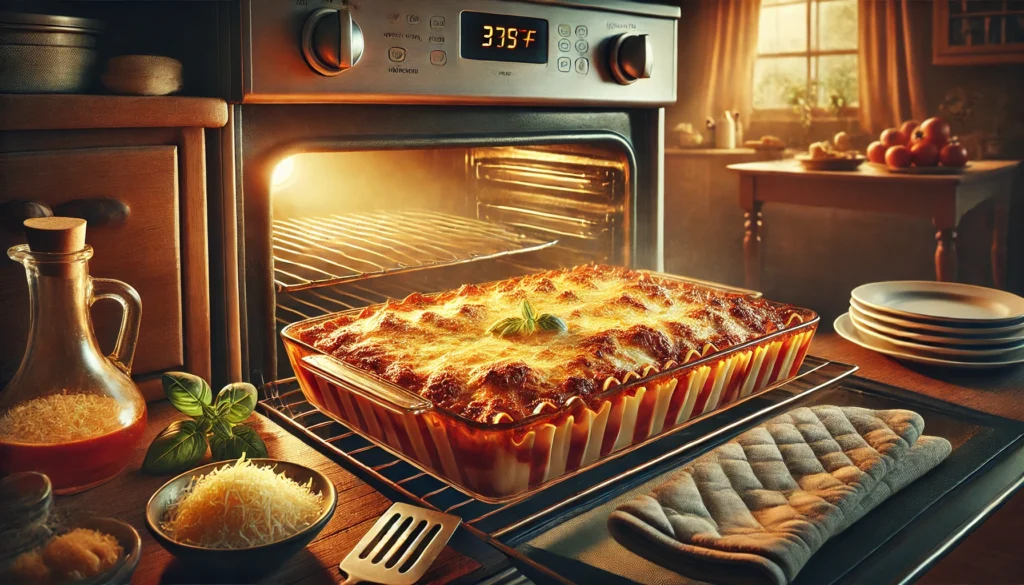 A pan of food in a casserole dish inside the oven, demonstrating the perfect oven temperature for baking lasagna.