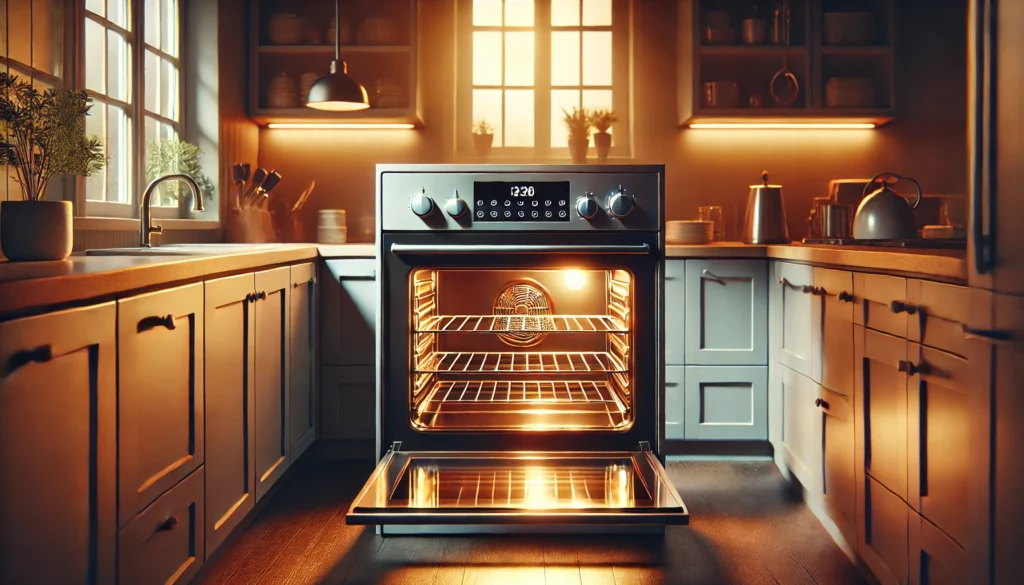 A simple kitchen scene with an oven and a stove, highlighting the area for cooking. How long does it take an oven to cool down?