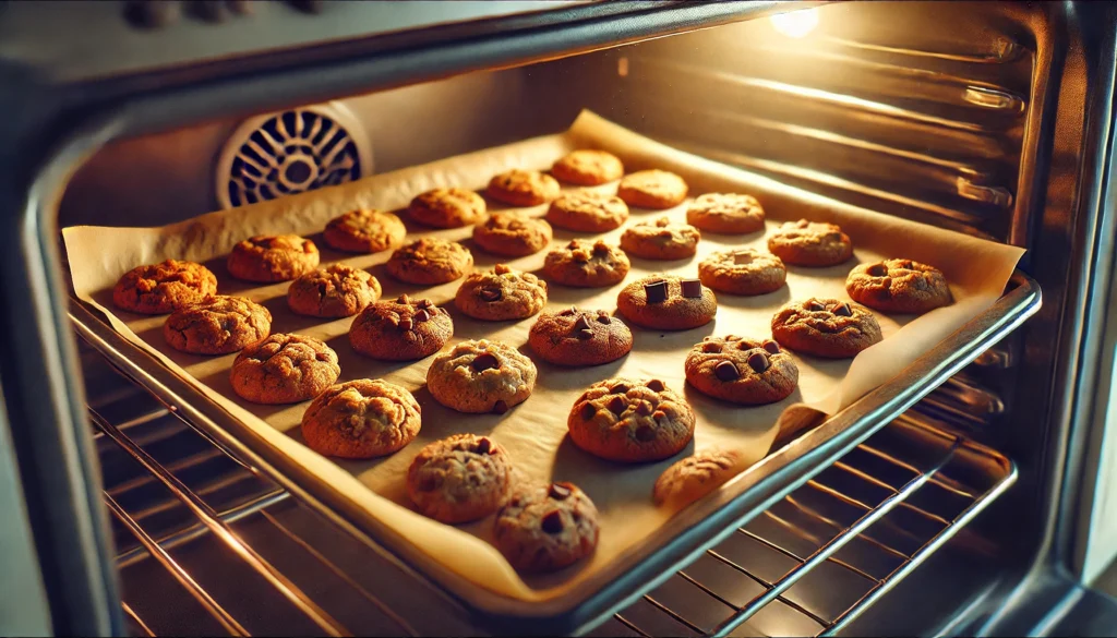 Cookies on a tray in the oven, illustrating how to reheat cookies in the oven for a fresh and tasty dessert.