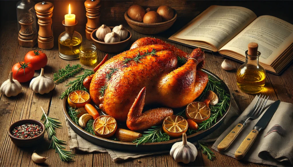 A roasted turkey on a plate with a book and other ingredients, demonstrating how to cook an oven stuffer roaster.