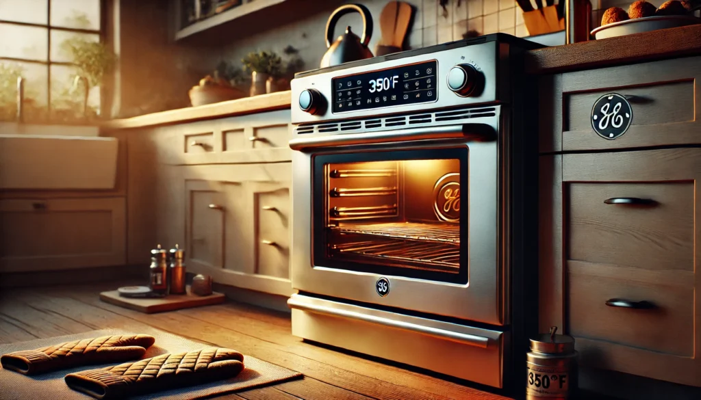 A stainless steel oven featuring a timer and oven mitts, illustrating how to preheat GE oven for meal preparation.