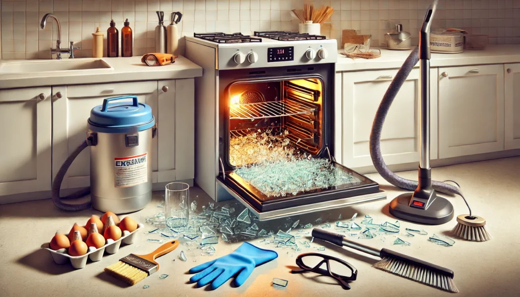 A kitchen featuring a broken oven and various items, illustrating the need for guidance on how to clean exploded glass in oven.