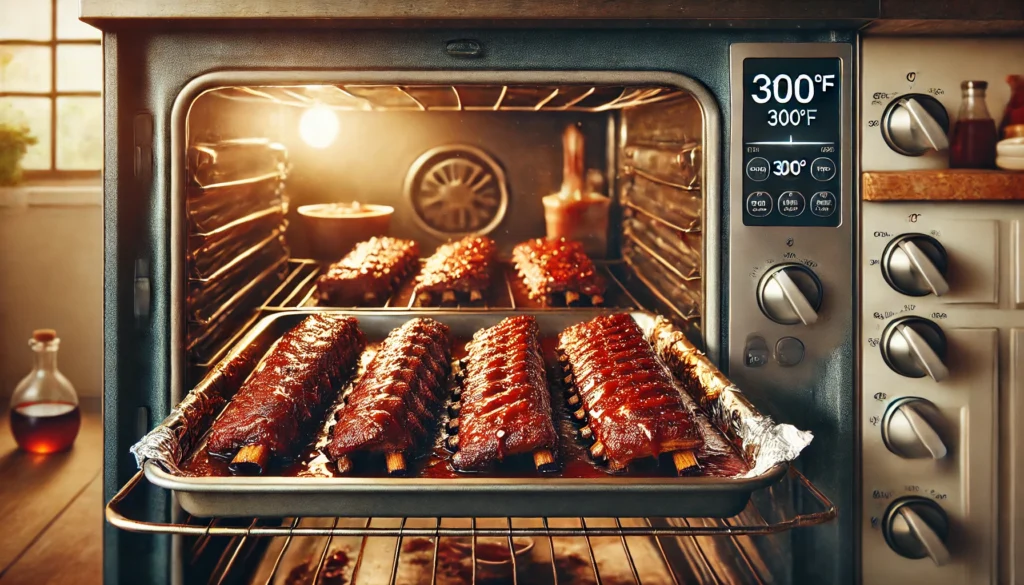 A rack of ribs placed in an oven, with the temperature dial visible, illustrating how long to cook frozen ribs in oven at 300.