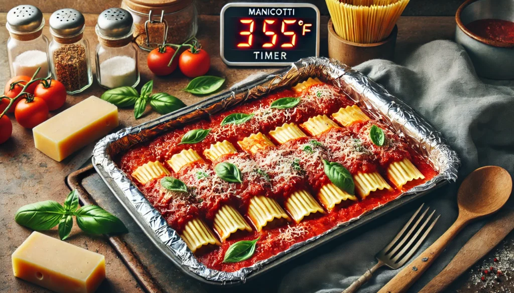 A wooden table holds a pan filled with pasta and cheese, ready to serve. Discover how long to cook frozen manicotti in oven.