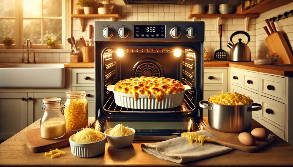 A casserole filled with macaroni and cheese is placed in the oven, ideal for understanding how long to cook mac and cheese in convection oven.