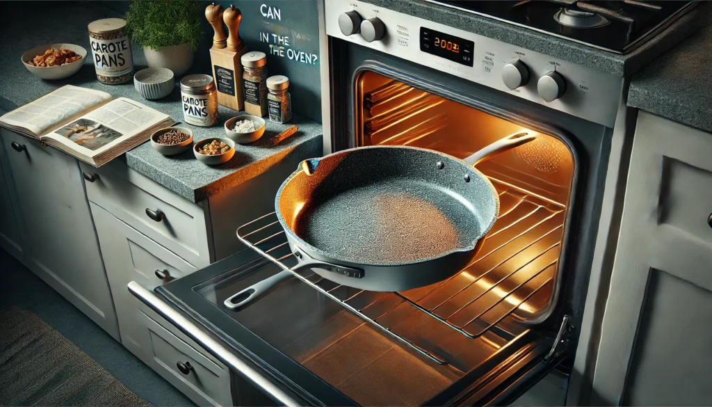 A pan is in an oven, illustrating that Carote pans can go in the oven for cooking.