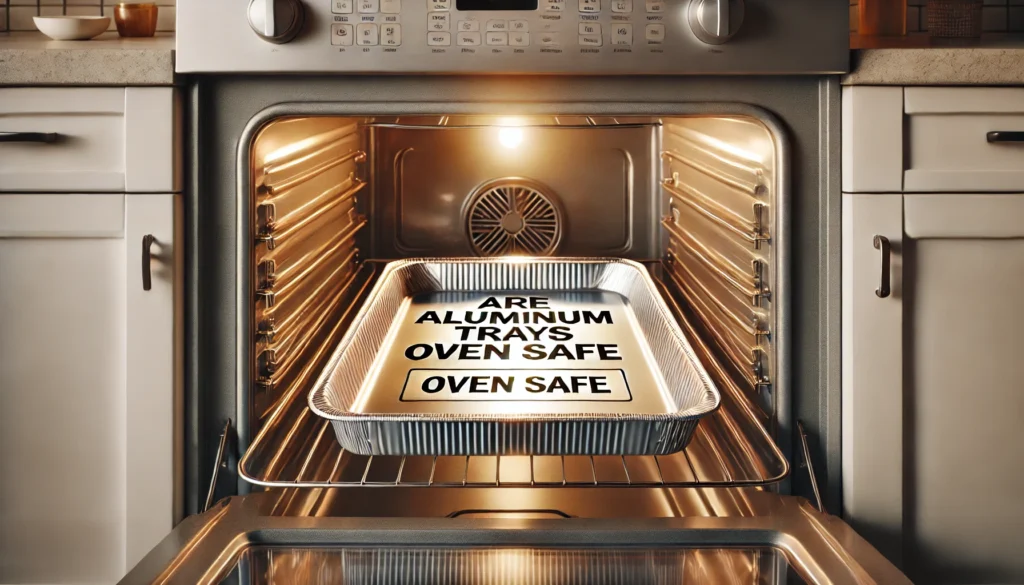 A pan marked "aluminum oven safe," showing that aluminum trays are oven safe for use in the oven.