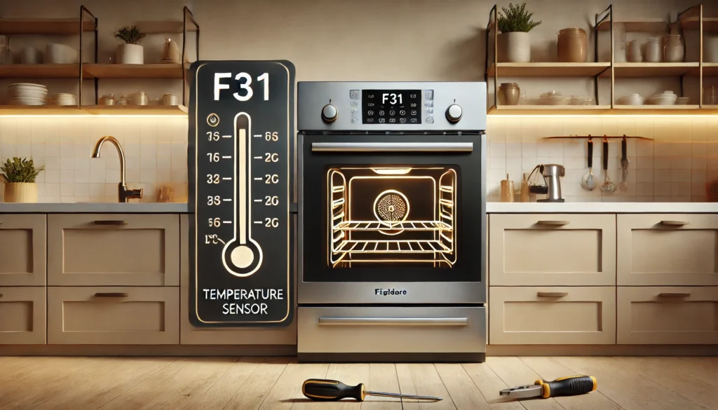 A simple kitchen scene with a stove and oven, highlighting the inquiry: What does F31 mean on a Frigidaire oven?