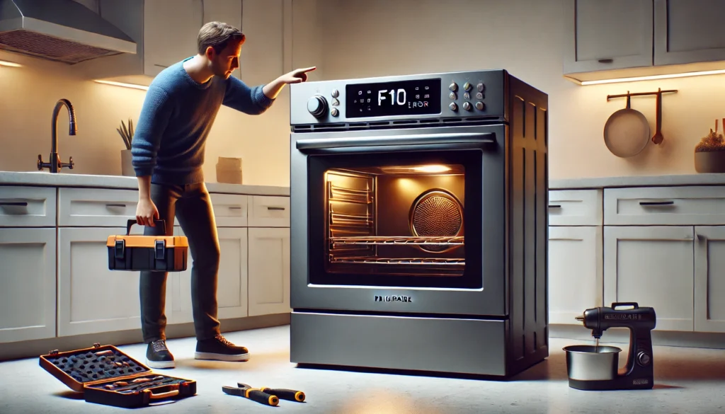 A man stands before an oven, contemplating its settings, trying to understand what does F 10 mean on a Frigidaire oven.