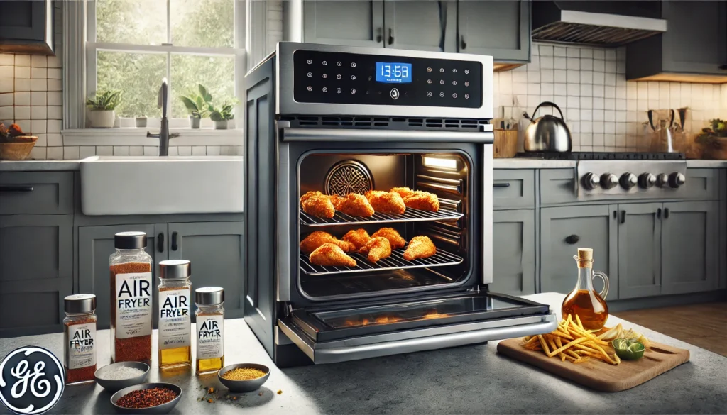 A kitchen displaying a stove top oven and various food items, showing how to use an air fryer on a GE oven.