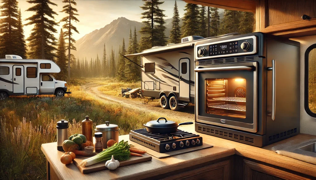 A kitchen featuring a stove and oven located in front of a Greystone RV, illustrating how to use a Greystone RV oven.