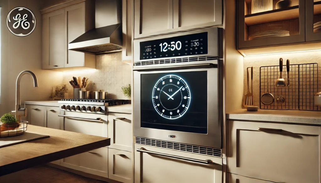 A stylish kitchen with an oven displaying a clock, providing a visual guide on how to set the clock on a GE Profile oven.