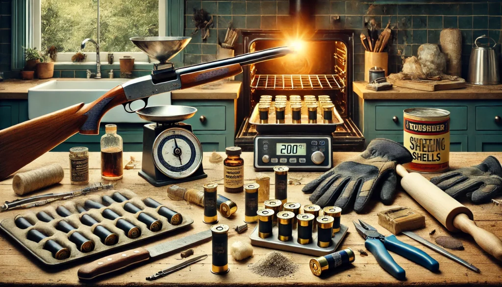 Several shotguns and shotgun shells displayed together, demonstrating how to make shotgun shells in the oven.