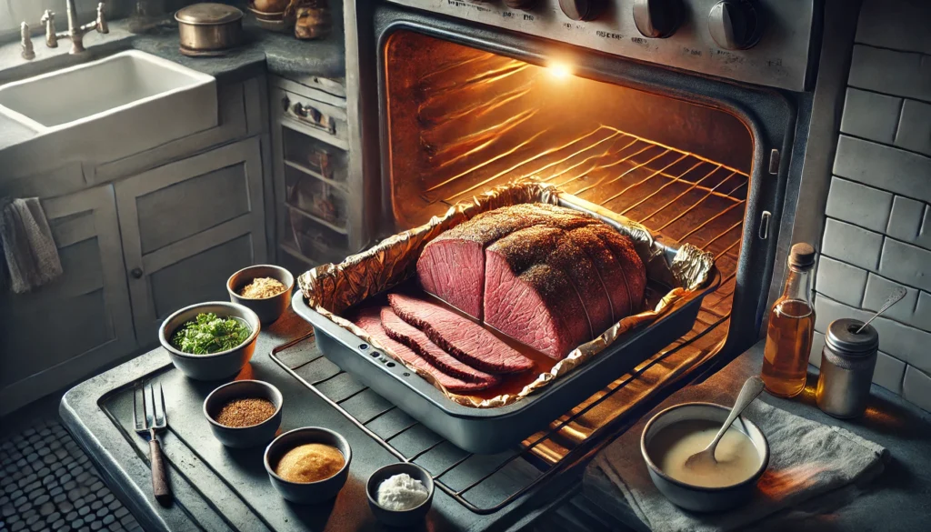 A roast beef sits in a pan on the stove, demonstrating how to reheat corned beef in the oven simply.