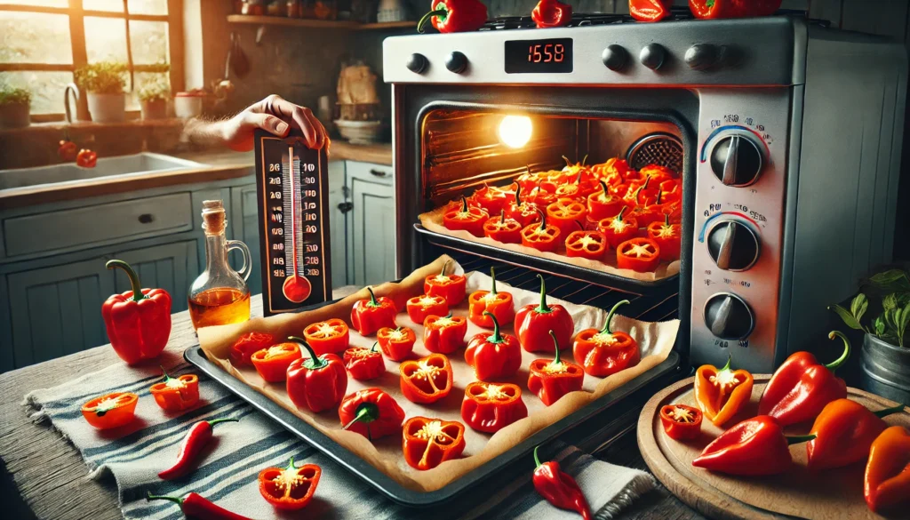 A person checks the temperature of a pan of peppers, demonstrating how to dry habanero peppers in the oven.