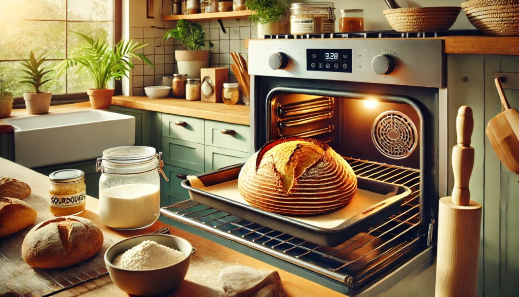 A loaf of bread baking in the oven, demonstrating how to cook sourdough without a Dutch oven.