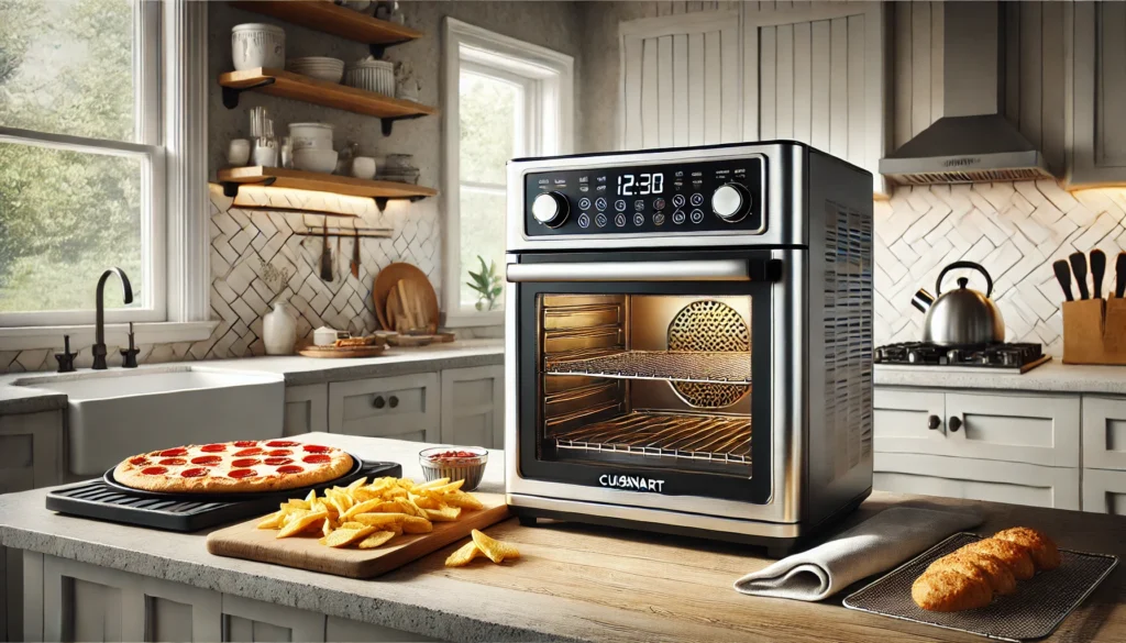 A toaster oven on a counter with pizza and fries, showcasing the Cuisinart Digital Air Fryer Toaster Oven Review.