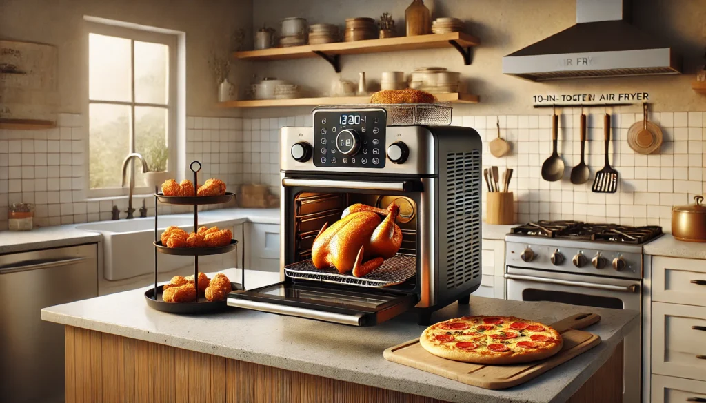 A kitchen featuring a toaster oven and a pizza, showcasing the best toaster oven air fryer for small spaces.