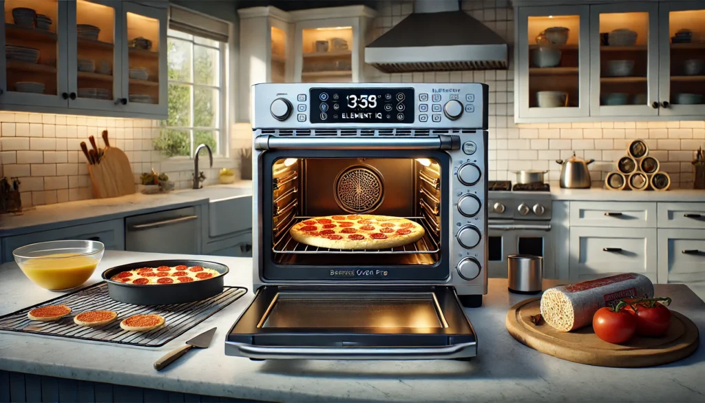 A pizza is baking in an oven, showcasing the best toaster oven for frozen pizza cooking perfectly.