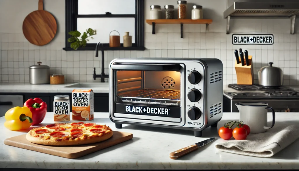 A Black and Decker oven with pizza and various foods, showcasing the best toaster oven under $50 for easy cooking.