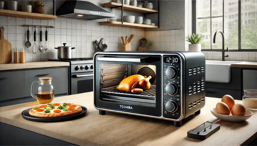 A chicken is cooking inside a toaster oven, representing the best small toaster oven under $100 for easy meal preparation.