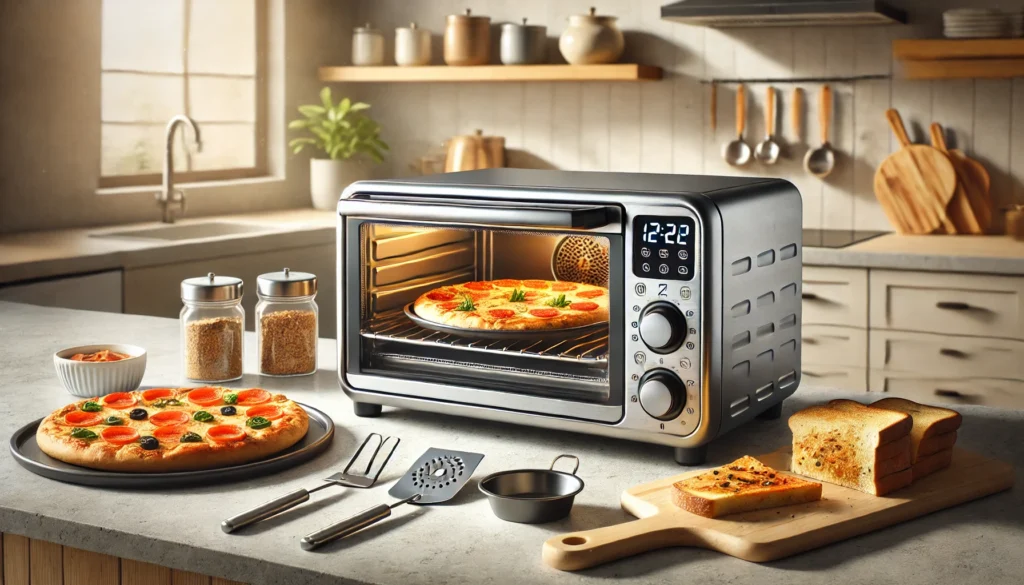 A toaster oven on a counter with pizza and various foods, showcasing the best rated toaster oven under $100.