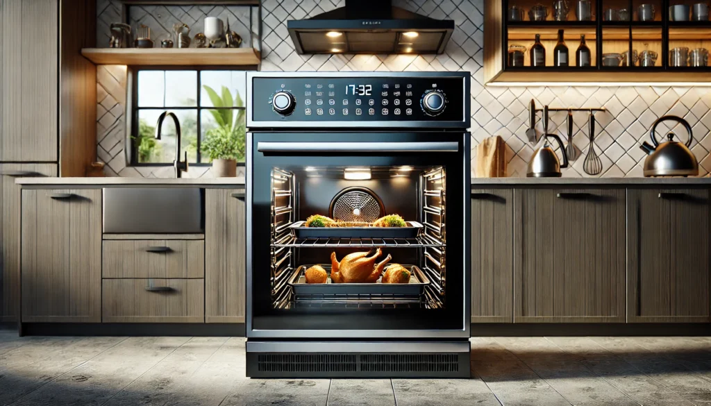 A modern oven with a glass door displays a rack of food, showcasing the best electric oven under $1000 for home cooking.