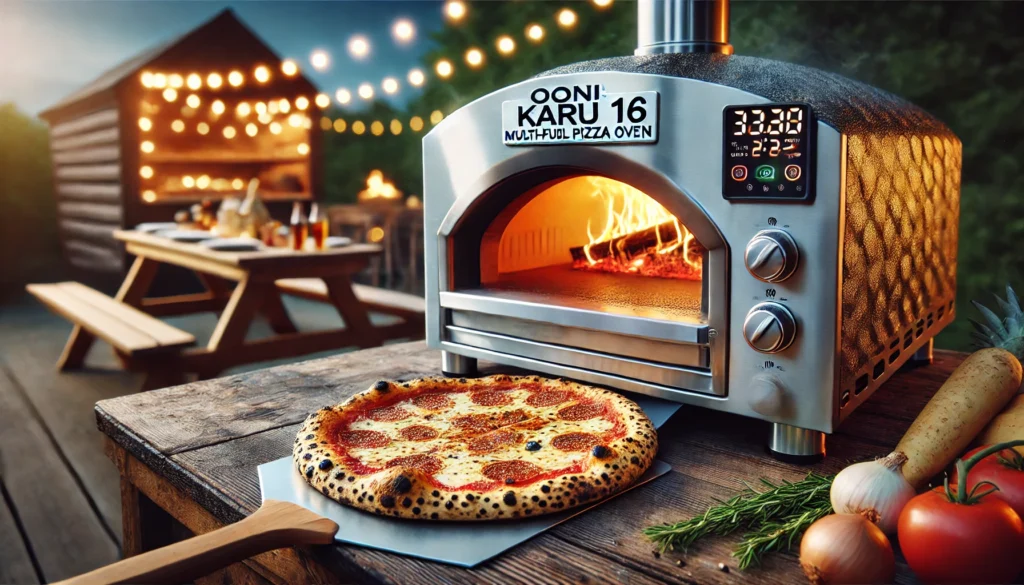 A pizza oven on a wooden table with a pizza, showcasing the best pizza oven for small business use.