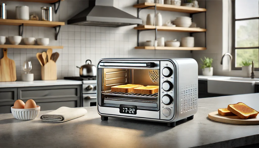 A toaster oven with slices of bread inside, showcasing the best toaster oven under $75 for easy meal preparation.