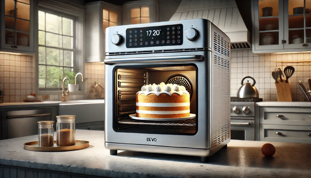 A cake is placed in an oven with a timer, highlighting the best commercial oven for baking cakes.