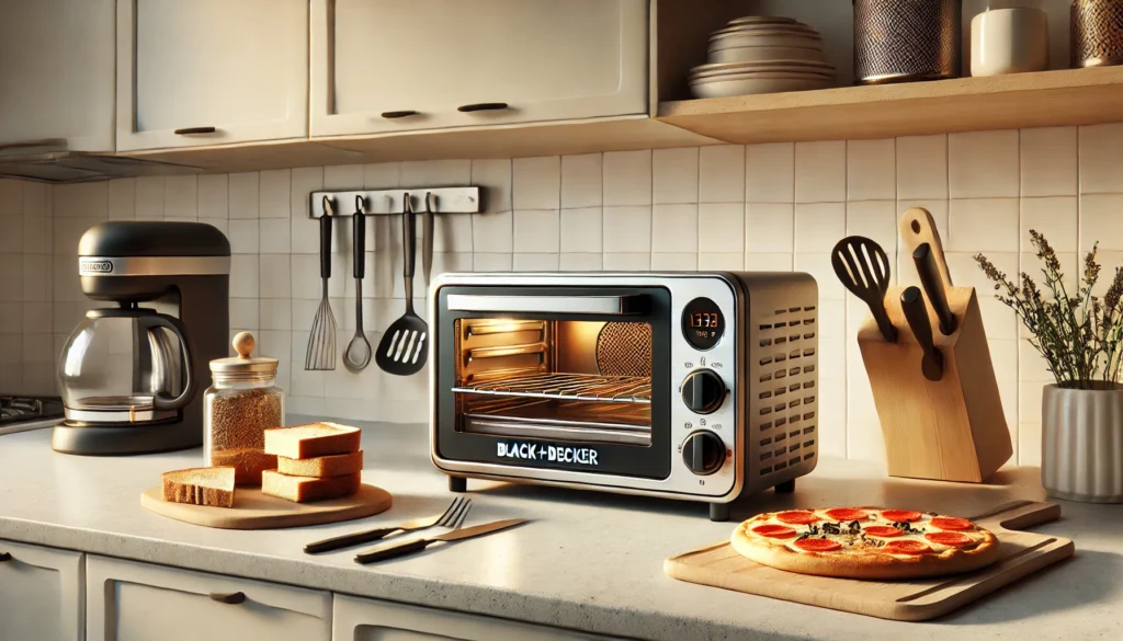 A kitchen scene featuring a toaster oven and a pizza on the counter, highlighting the best simple toaster oven for cooking.