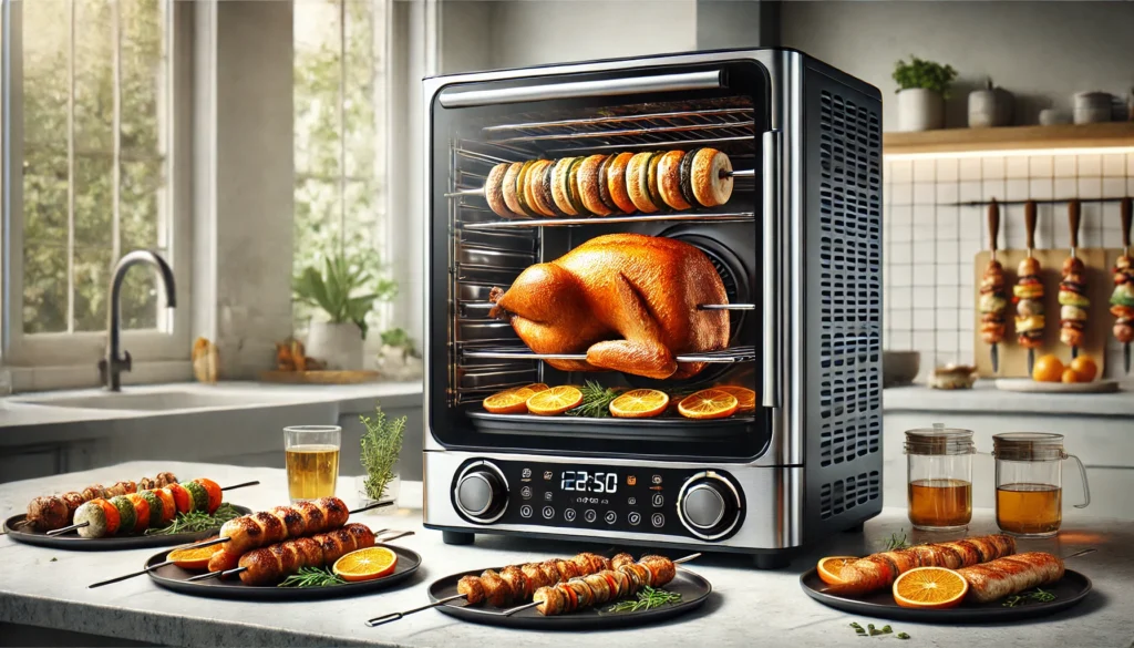 A turkey cooks in a toaster oven, showcasing the best countertop oven for turkey preparation.