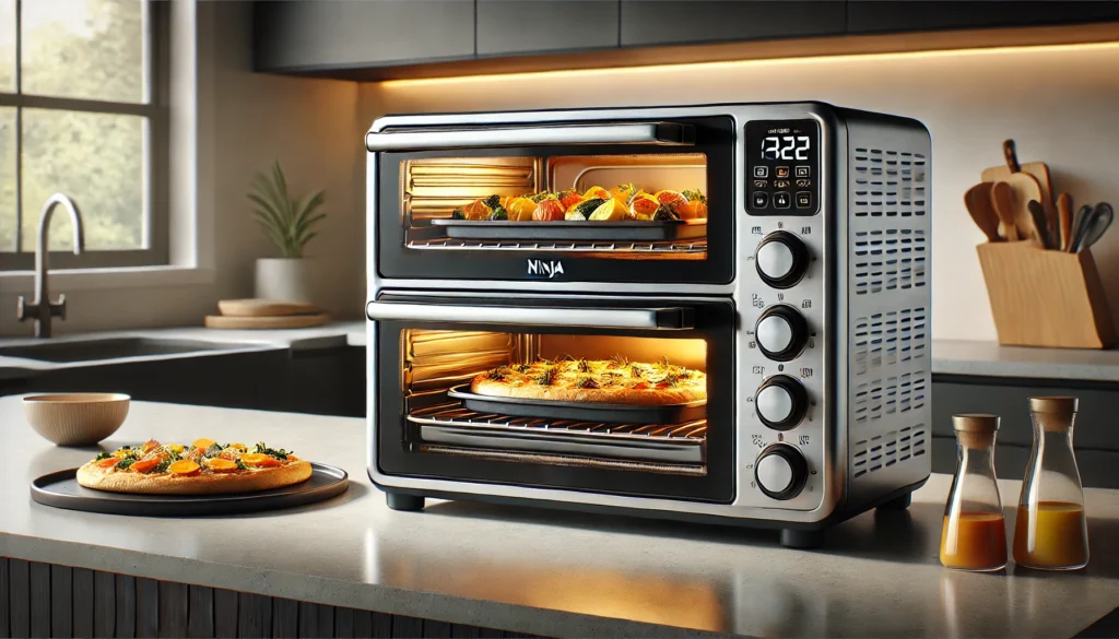 A double oven with delicious food inside, highlighting the Best Double Oven Electric Range with Air Fryer.